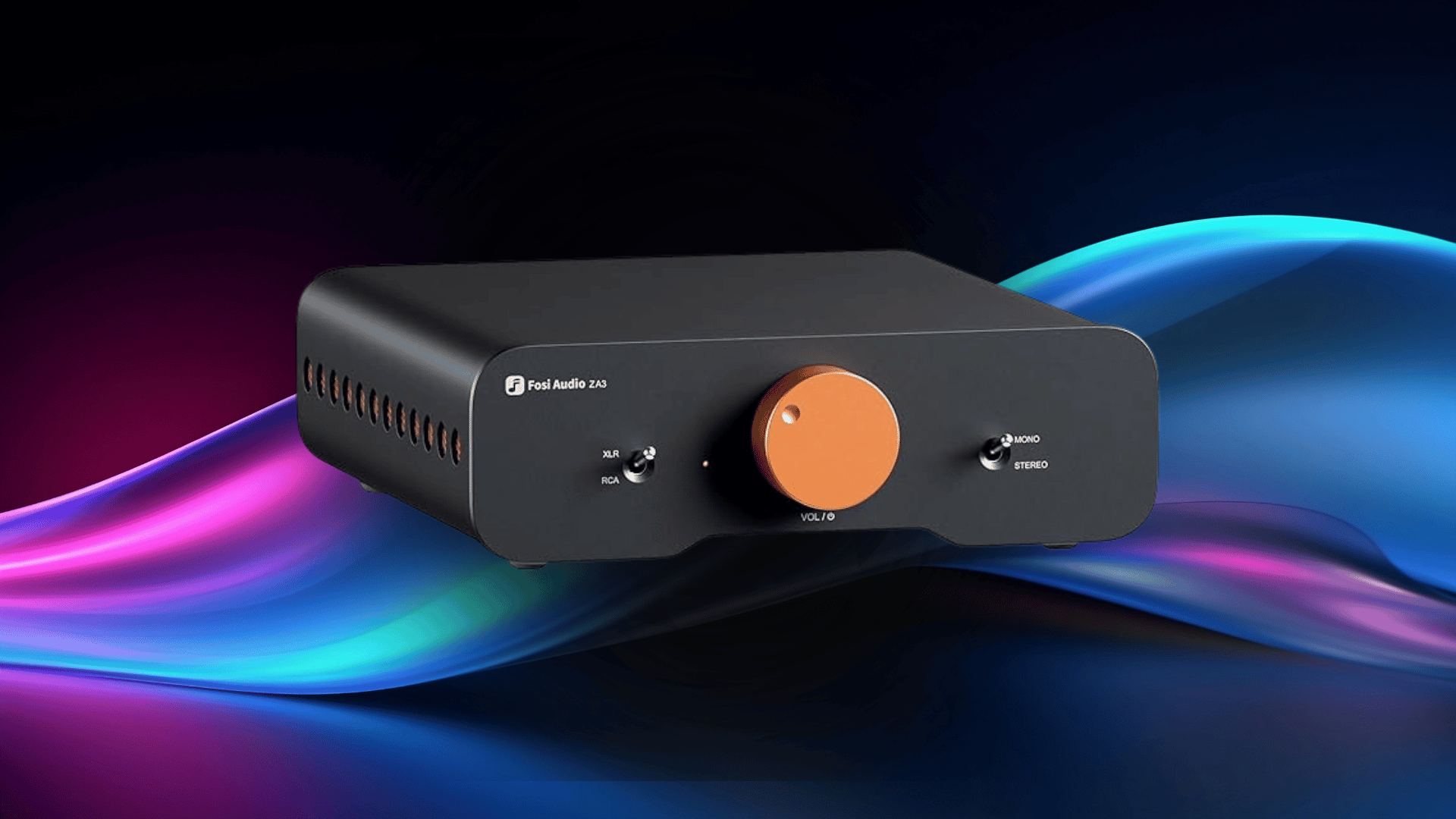 fosi audio za3 balanced home audio amplifier in black featuring a large orange volume knob and stereo-mono toggle switches.