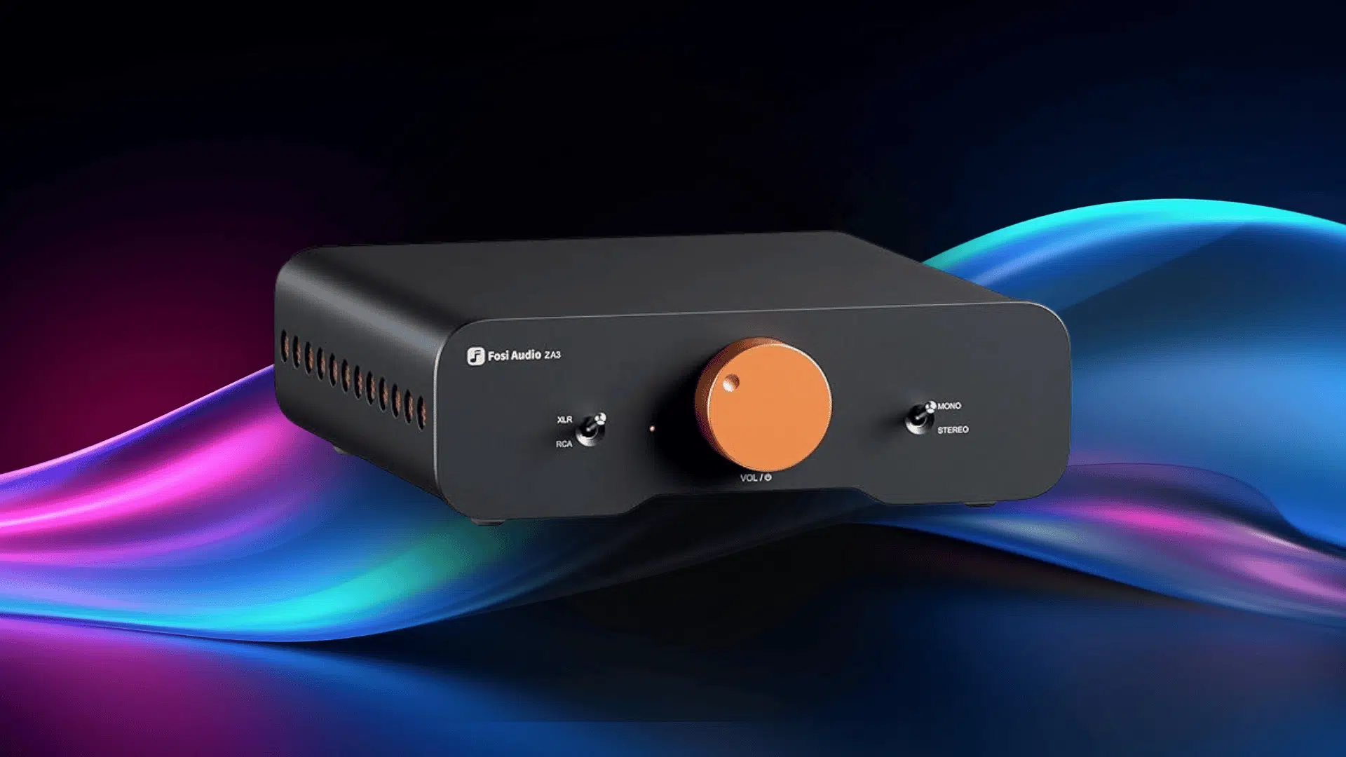 fosi audio za3 balanced home audio amplifier in black featuring a large orange volume knob and stereo-mono toggle switches.