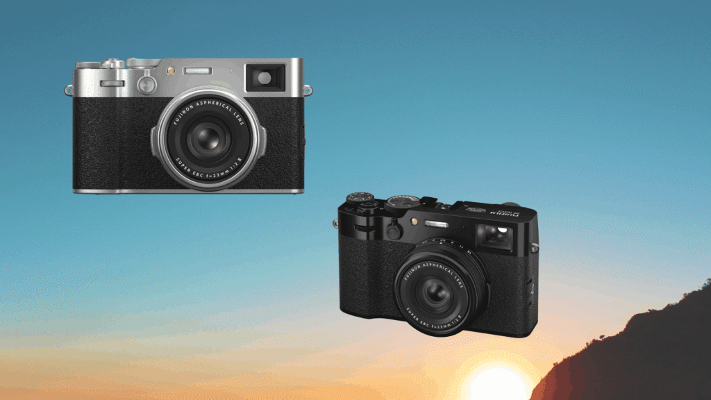 fujifilm X100VI camera shown in silver and black versions with fixed 23mm lens, highlighting retro design and compact body.