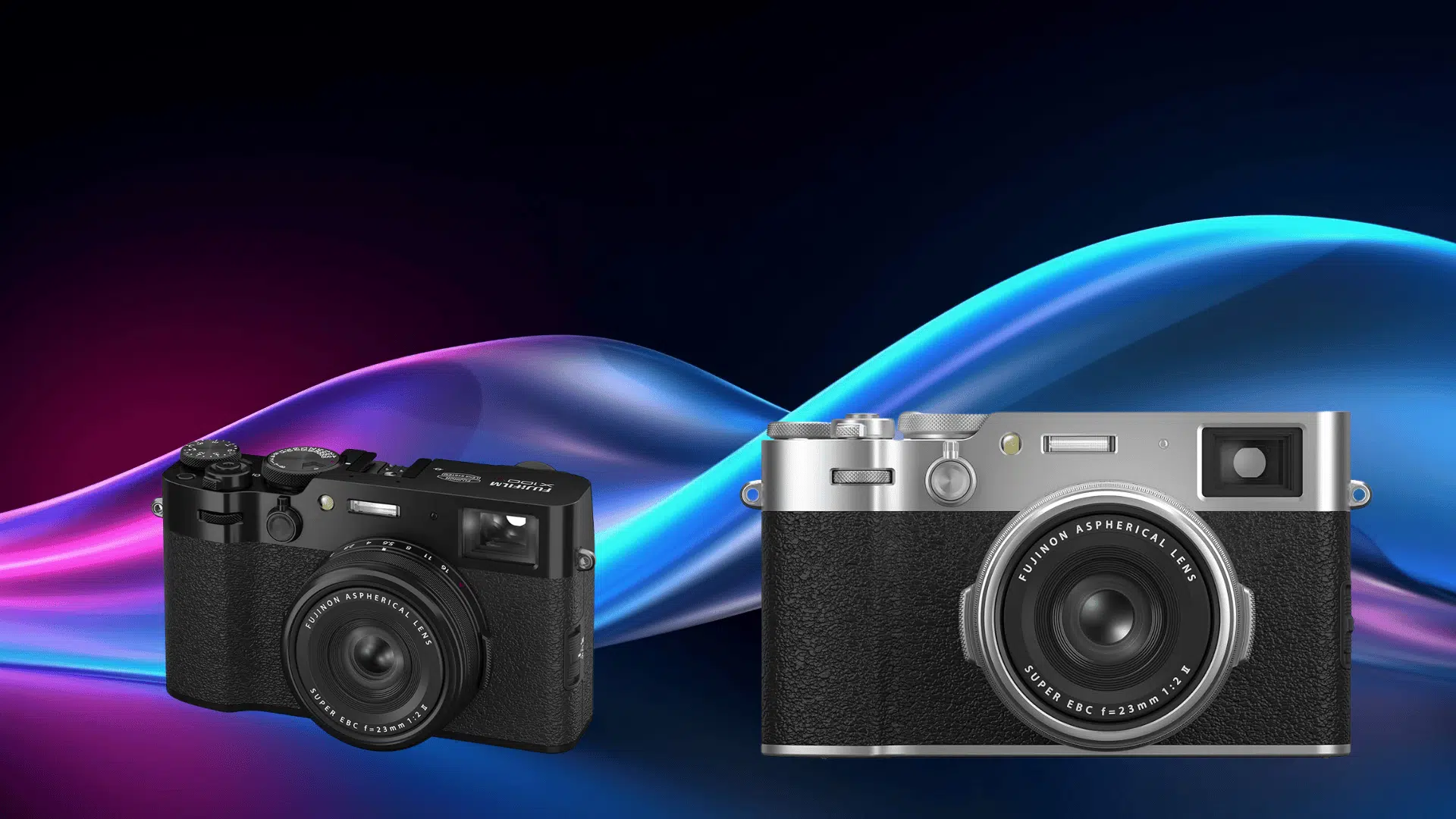 fujifilm X100VI compact camera shown in black and silver versions highlighting retro design and fixed 23mm lens on colorful background.