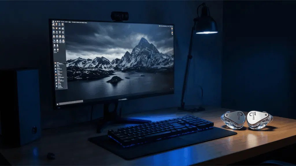 gaming desk setup with monitor, RGB keyboard, and in-ear monitors on a wooden desk under soft blue ambient lighting.