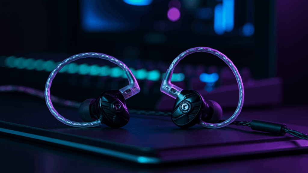 _gaming setup with in-ear monitors, braided cable, mechanical keyboard, mouse and neon lighting on desk. (1)