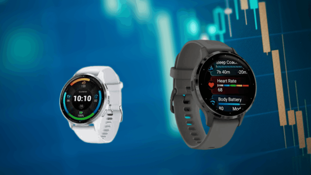 garmin Venu 3 smartwatch displaying health metrics like heart rate and Body Battery alongside another Garmin fitness watch.