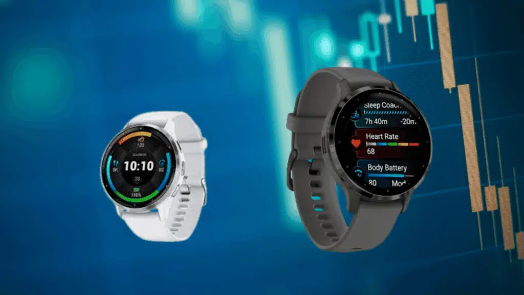 garmin Venu 3 smartwatch displaying health metrics like heart rate and Body Battery alongside another Garmin fitness watch.