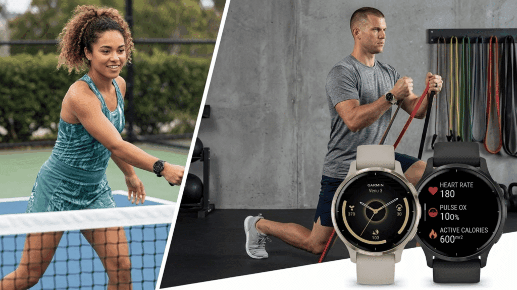 garmin Venu 3 smartwatch used during tennis and gym workouts, showing fitness tracking, heart rate, and health monitoring features.