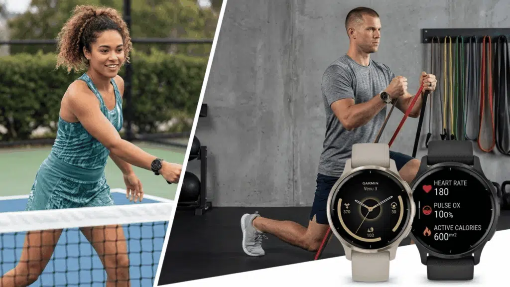 garmin Venu 3 smartwatch used during tennis and gym workouts, showing fitness tracking, heart rate, and health monitoring features.