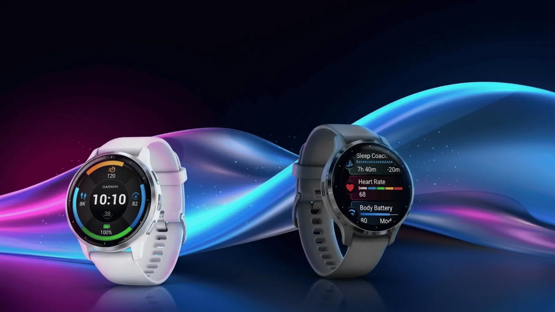 garmin Venu 3 smartwatches in white and gray showing health metrics, AMOLED display, and fitness tracking features.