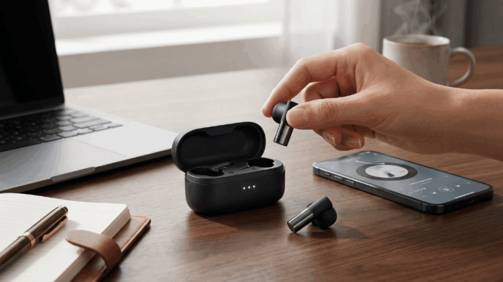 hand placing wireless earbuds into charging case on desk beside smartphone and laptop, highlighting everyday use and portability