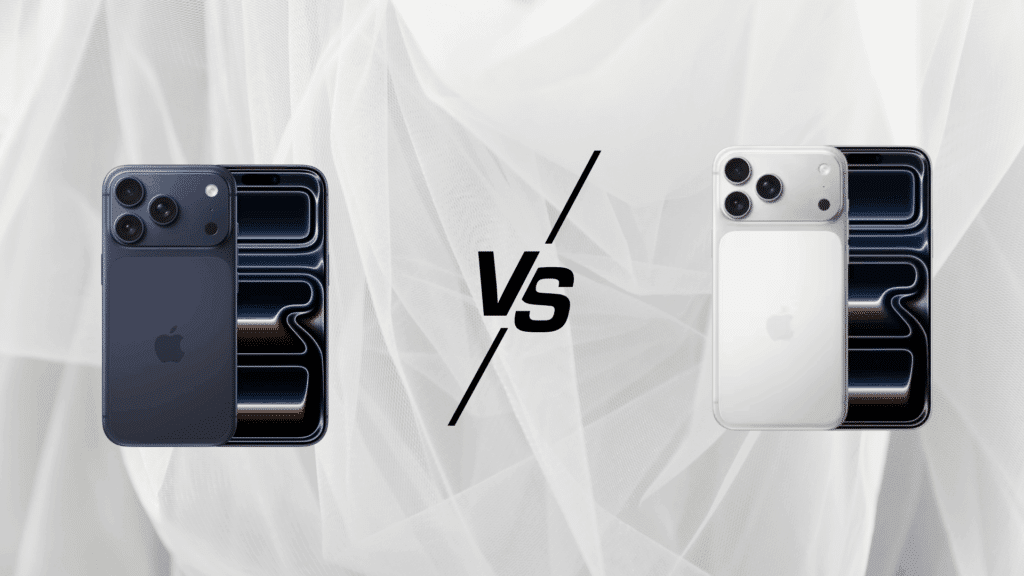 iPhone 17 Pro vs iPhone 17 Pro Max comparison showing both smartphones side by side with triple camera setup and VS symbol in center.