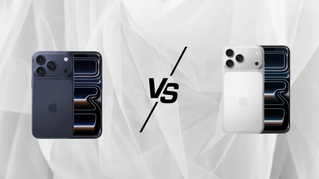 iPhone 17 Pro vs iPhone 17 Pro Max comparison showing both smartphones side by side with triple camera setup and VS symbol in center.