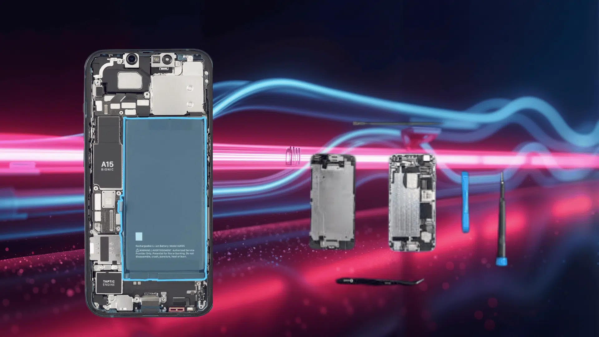 iPhone internal components with battery highlighted alongside repair tools, showing battery replacement process and smartphone hardware layout.