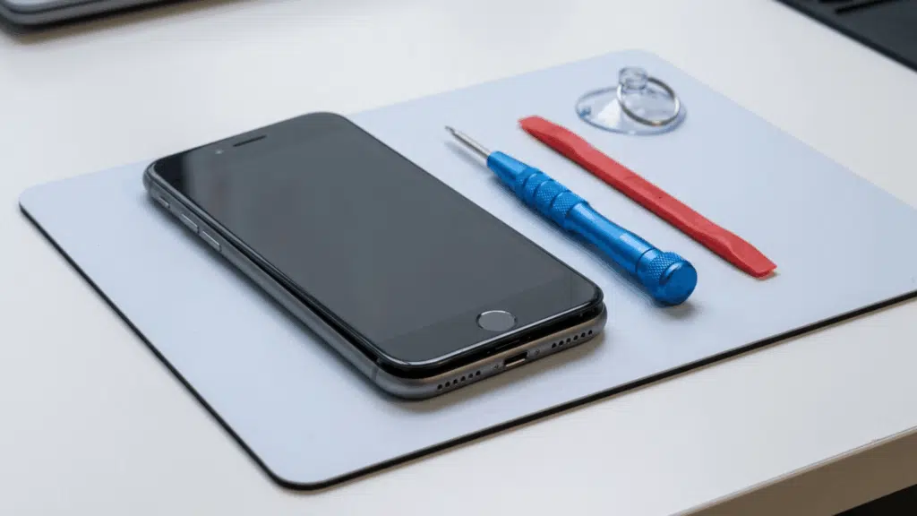 iPhone with repair tools like screwdriver and pry tool on a desk, showing setup for battery replacement or DIY phone repair.