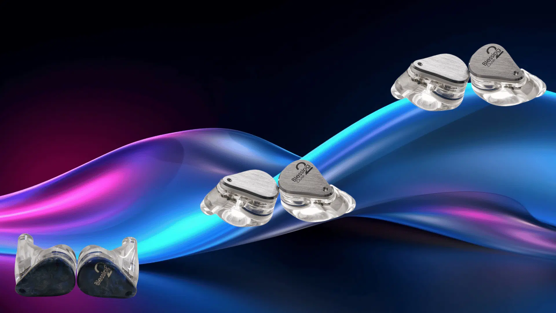 moondrop Blessing 2 IEMs displayed against a vibrant abstract wave background in blue and purple tones, highlighting design details.