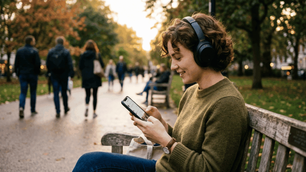 person using wireless noise-canceling headphones in park while checking smartphone, highlighting real-world everyday listening experience.