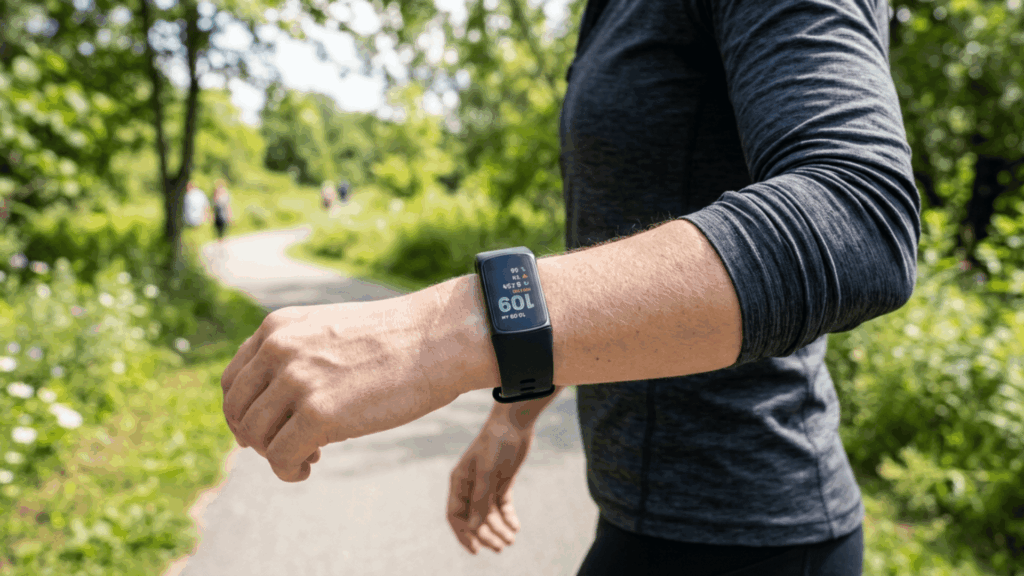 person wearing Fitbit fitness tracker while walking outdoors on a sunny day