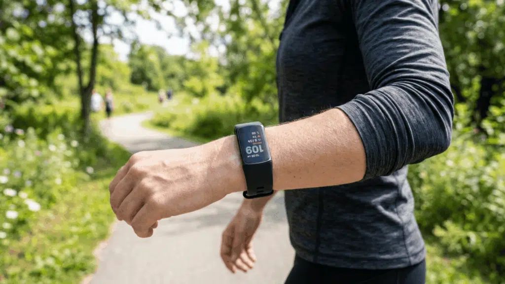 person wearing Fitbit fitness tracker while walking outdoors on a sunny day