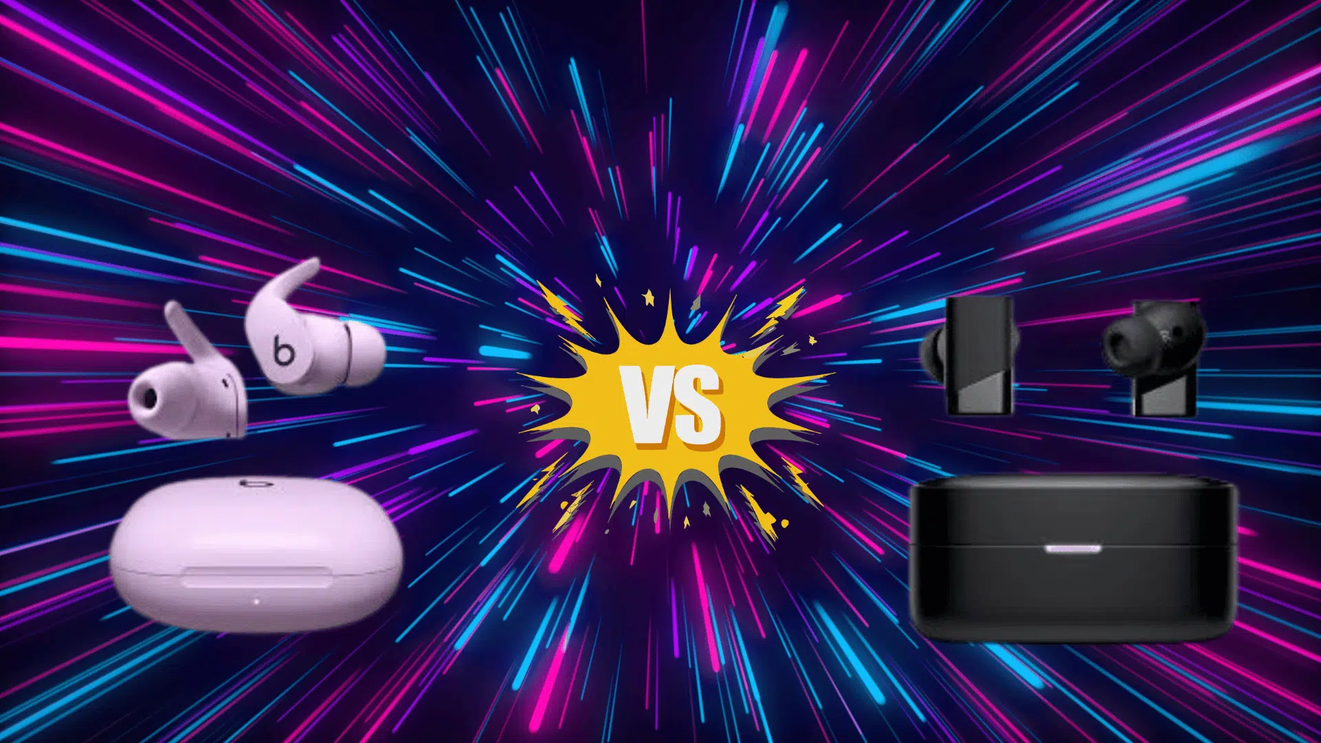 purple Beats earbuds and case on the left versus black earbuds and case on the right, with a bright neon burst background and “VS” in center