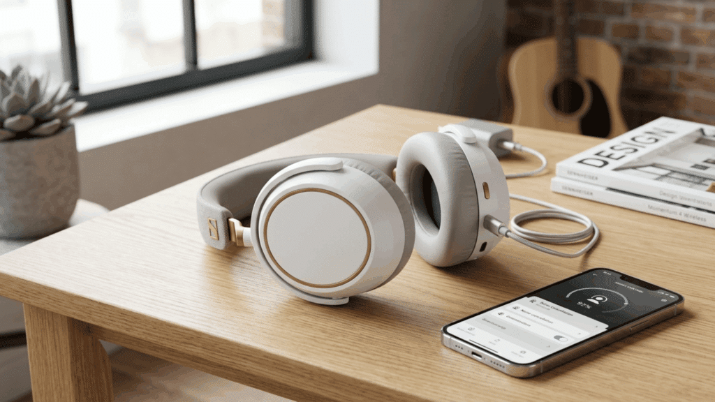 sennheiser Momentum 4 wireless headphones with smartphone app and cable on wooden desk, showing connectivity and clean design.