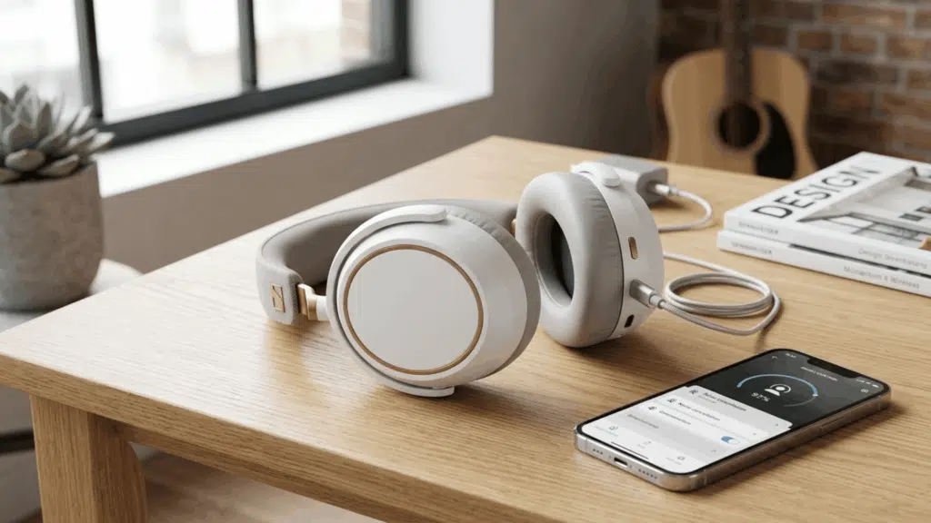 sennheiser Momentum 4 wireless headphones with smartphone app and cable on wooden desk, showing connectivity and clean design.