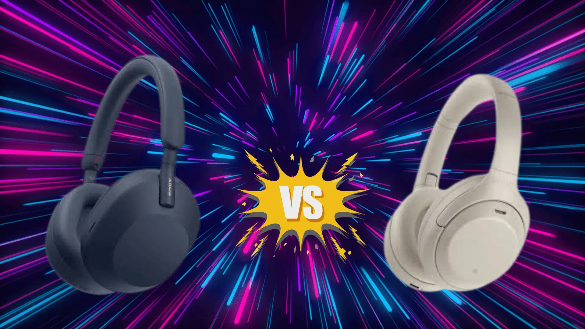 sony WH-1000XM4 and WH-1000XM5 headphones side by side with a colorful burst background and “VS” icon highlighting the comparison