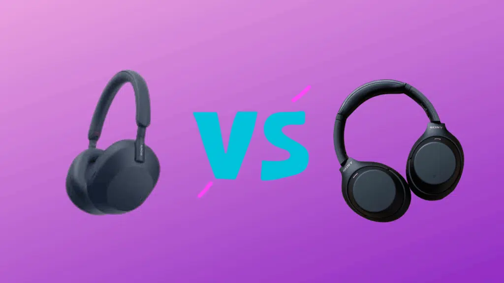 sony WH-1000XM5 vs WH-1000XM4 wireless noise-canceling headphones comparison image showing both models with a VS symbol between them.