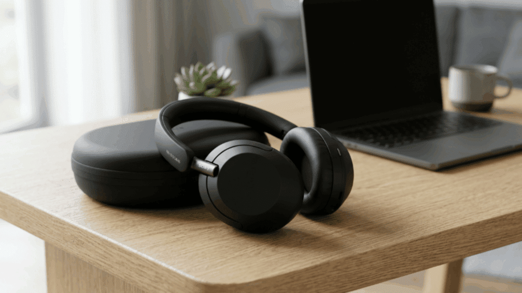 sony WH-1000XM6 wireless noise-canceling headphones on desk with case and laptop, highlighting modern design and portability.