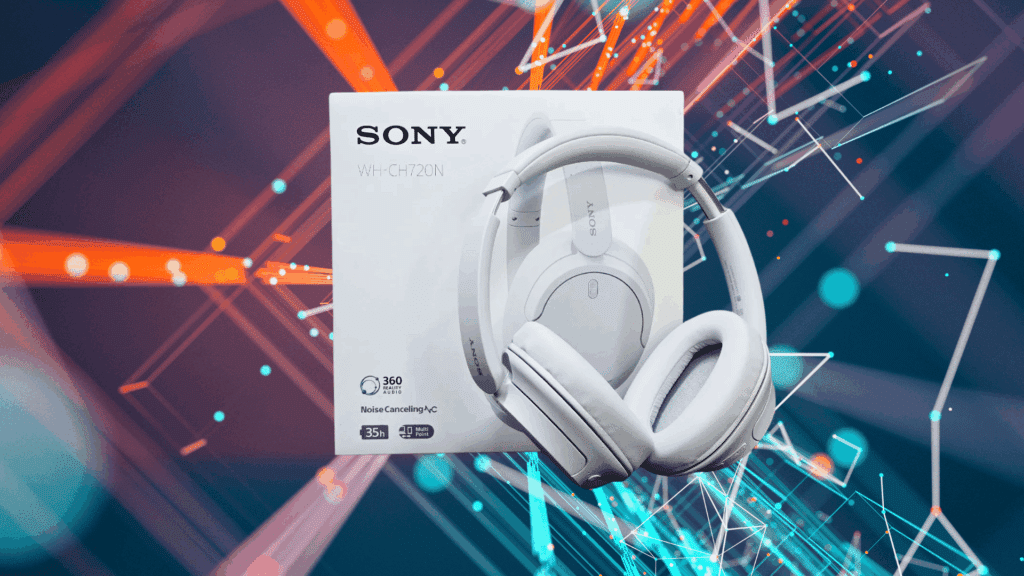 sony WH-CH720N wireless headphones displayed in front of their retail box, set against a vibrant abstract background with colorful light streaks.