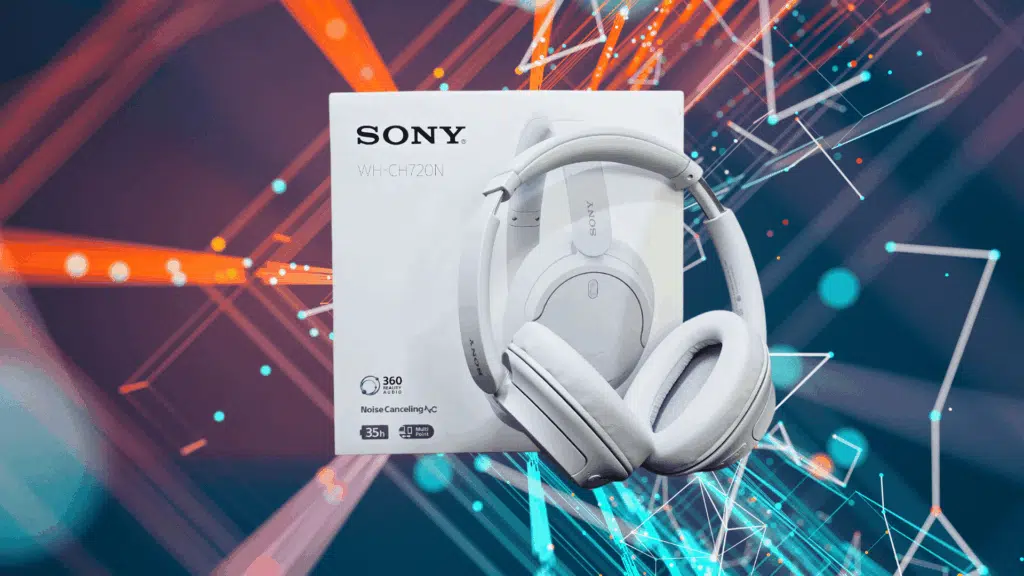 sony WH-CH720N wireless headphones displayed in front of their retail box, set against a vibrant abstract background with colorful light streaks.