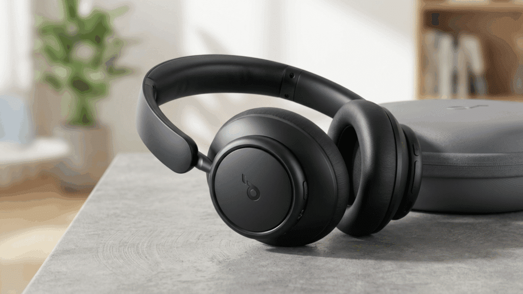 soundcore Space Q45 budget ANC headphones placed beside carrying case on table, highlighting sleek design and affordability.