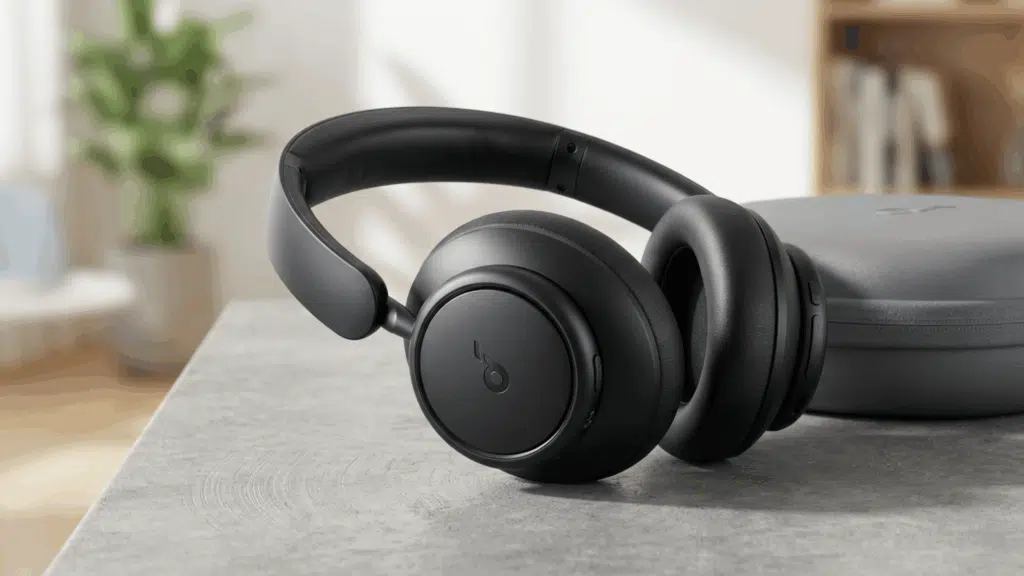 soundcore Space Q45 budget ANC headphones placed beside carrying case on table, highlighting sleek design and affordability.