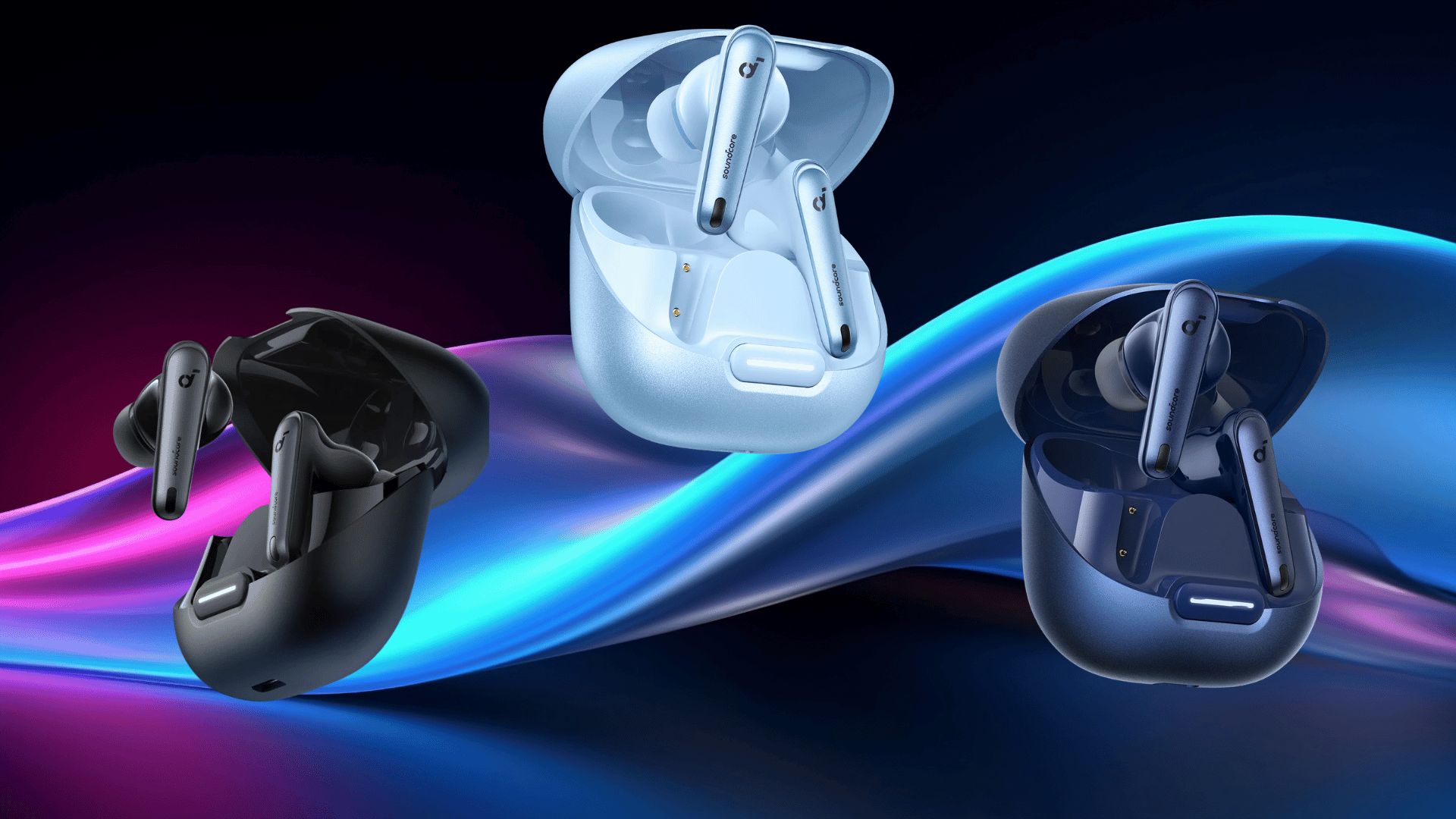 soundcore liberty 4 nc earbuds in black, blue, and white charging cases displayed on colorful gradient background showcasing design options