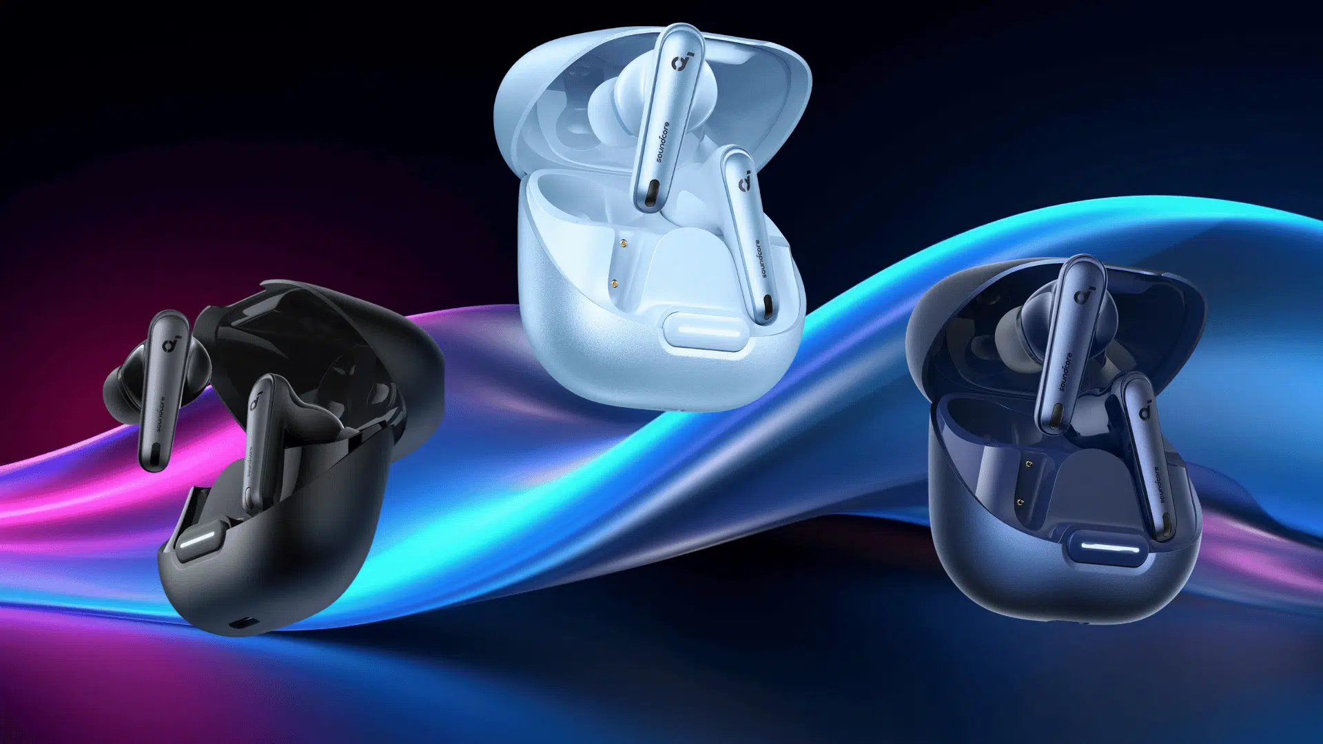 soundcore liberty 4 nc earbuds in black, blue, and white charging cases displayed on colorful gradient background showcasing design options