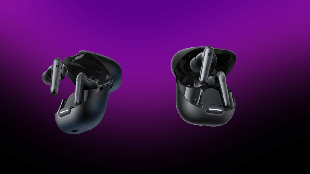 soundcore liberty 4 nc wireless earbuds in charging case with sleek stem design and matte black finish on purple gradient background