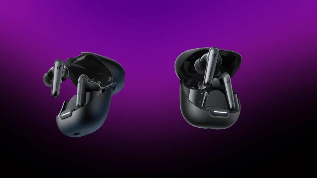 soundcore liberty 4 nc wireless earbuds in charging case with sleek stem design and matte black finish on purple gradient background