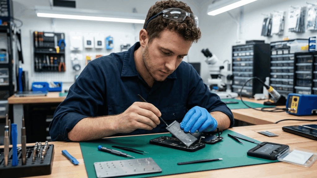 technician replacing iPhone battery in a repair workshop using tools, highlighting professional phone repair and internal component handling. (1)