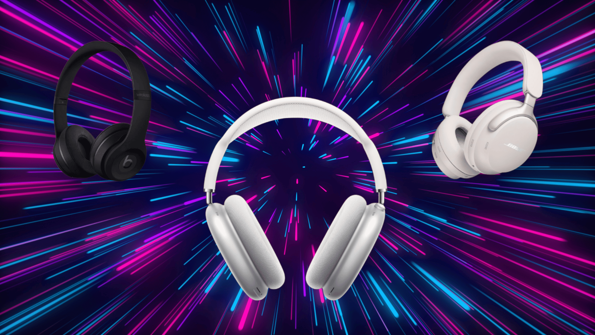 three ANC headphones displayed on vibrant neon background, showcasing modern designs and premium wireless noise cancelling features