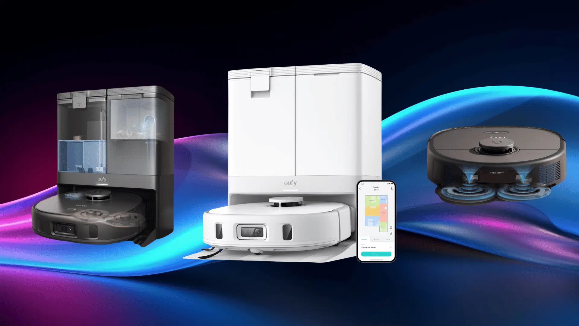 three eufy x10 pro omni robot vacuums in black and white with self-empty stations and a smartphone app on a blue background.