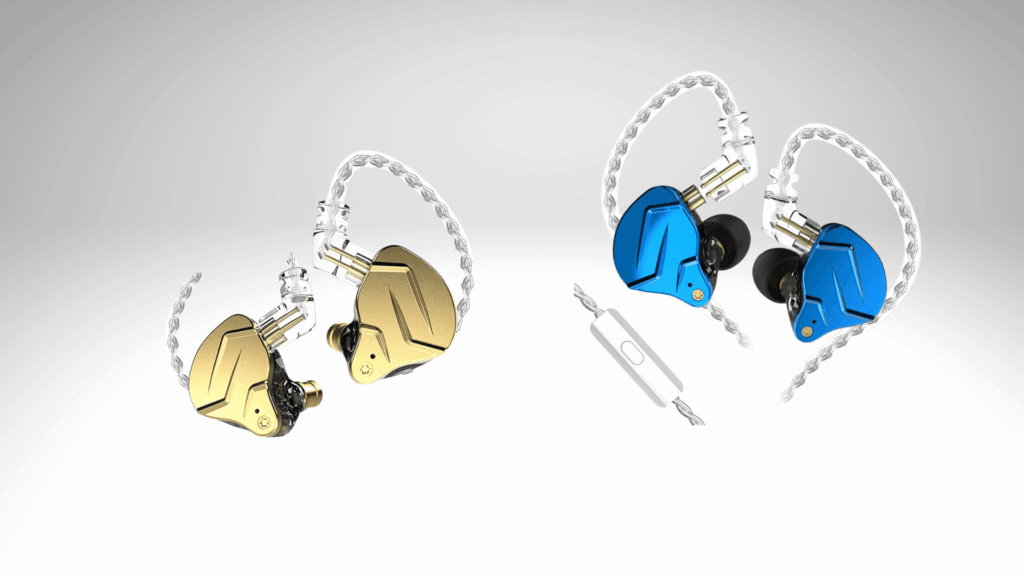 two KZ ZSN Pro X in-ear monitors displayed on a white background, shown in gold and blue color variants with braided detachable cables and optional in-line microphone. (1)