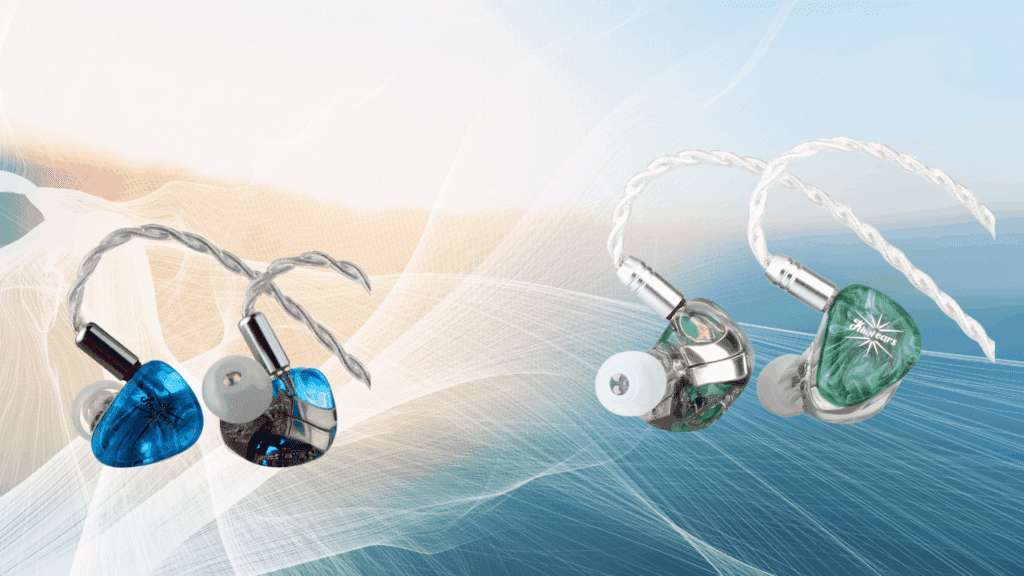 two Kiwi Ears Orchestra Lite in-ear monitors in blue and green transparent resin shells with braided silver cables, displayed against a soft abstract wave background.