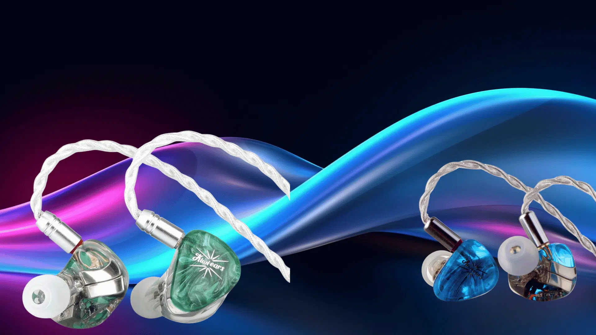 two Kiwi Ears Orchestra Lite in-ear monitors in green and blue transparent resin shells with braided silver cables, displayed against a colorful abstract wave background