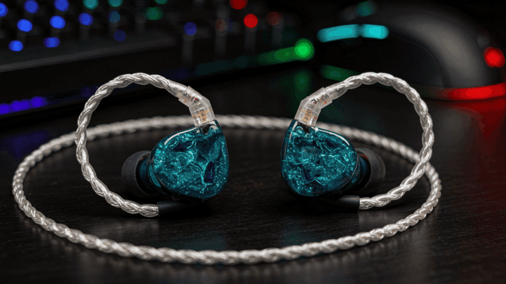 two teal transparent in-ear monitors with braided silver cable placed on a desk, RGB gaming keyboard and mouse blurred in the background.