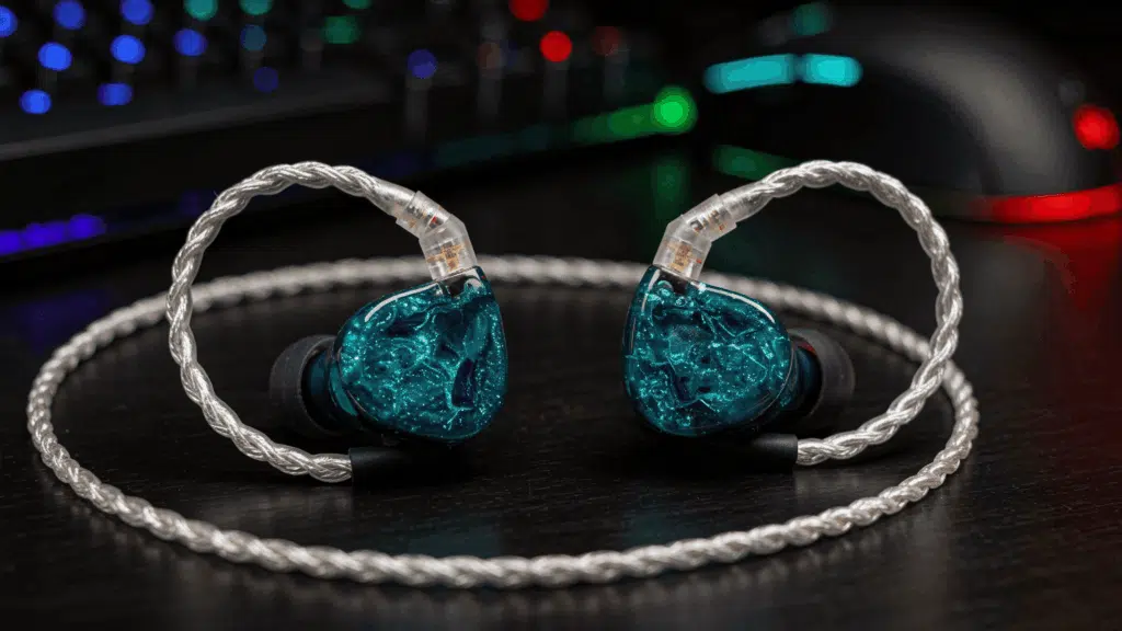 two teal transparent in-ear monitors with braided silver cable placed on a desk, RGB gaming keyboard and mouse blurred in the background.