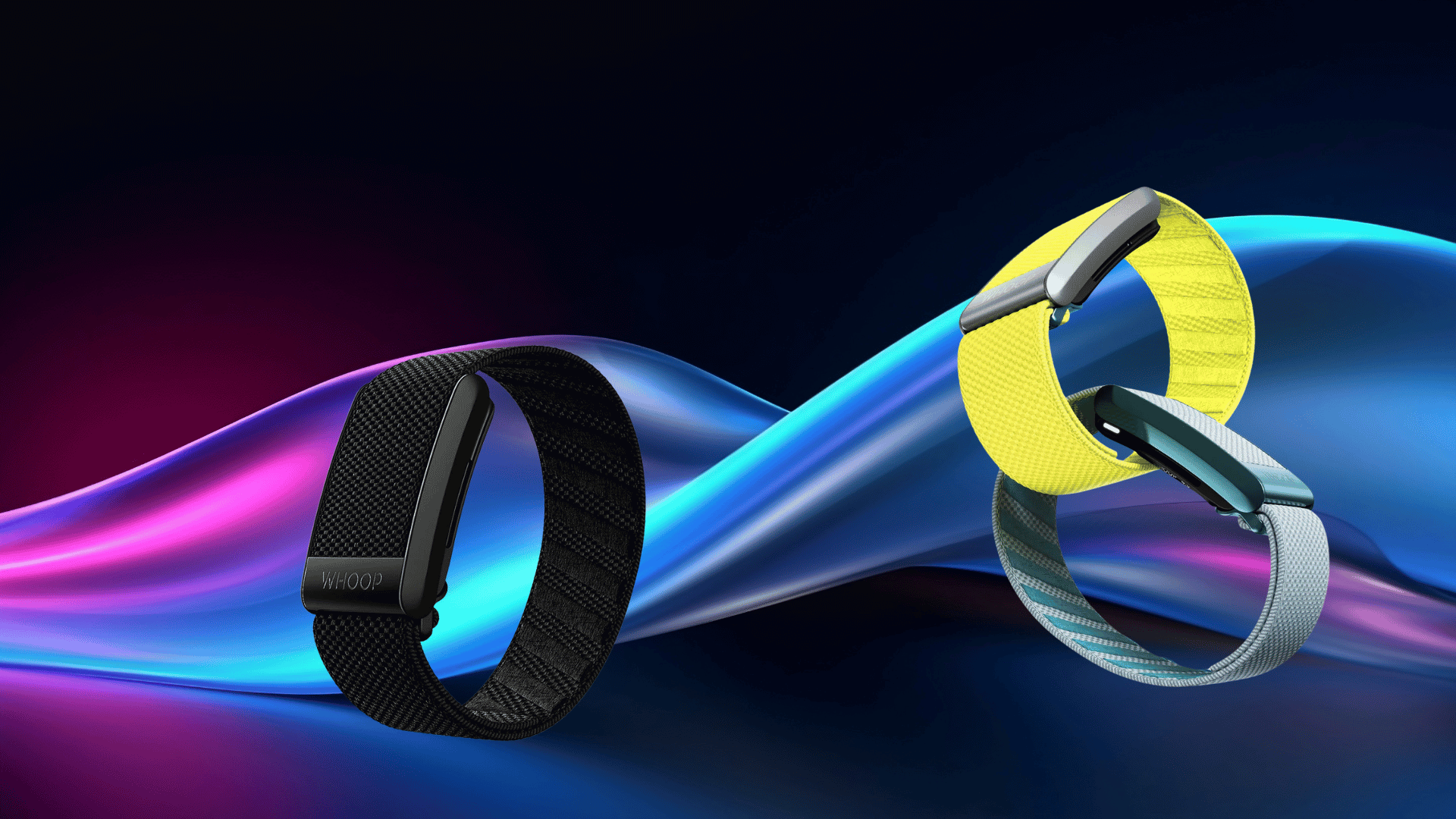 whoop fitness bands in black, yellow, and gray displayed on a colorful abstract background, highlighting sleek design and strap variations