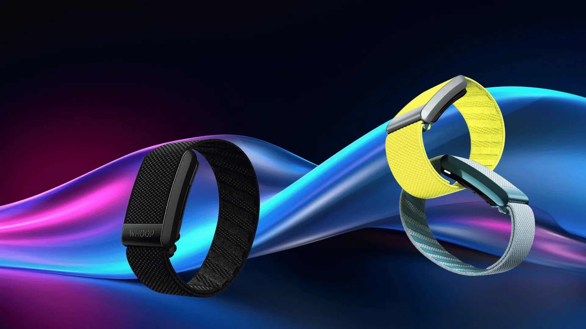 whoop fitness bands in black, yellow, and gray displayed on a colorful abstract background, highlighting sleek design and strap variations