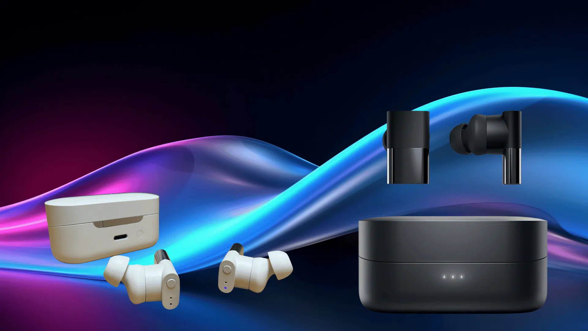 wireless earbuds and charging cases in black and white shown on colorful background, highlighting design, portability, and modern audio accessories