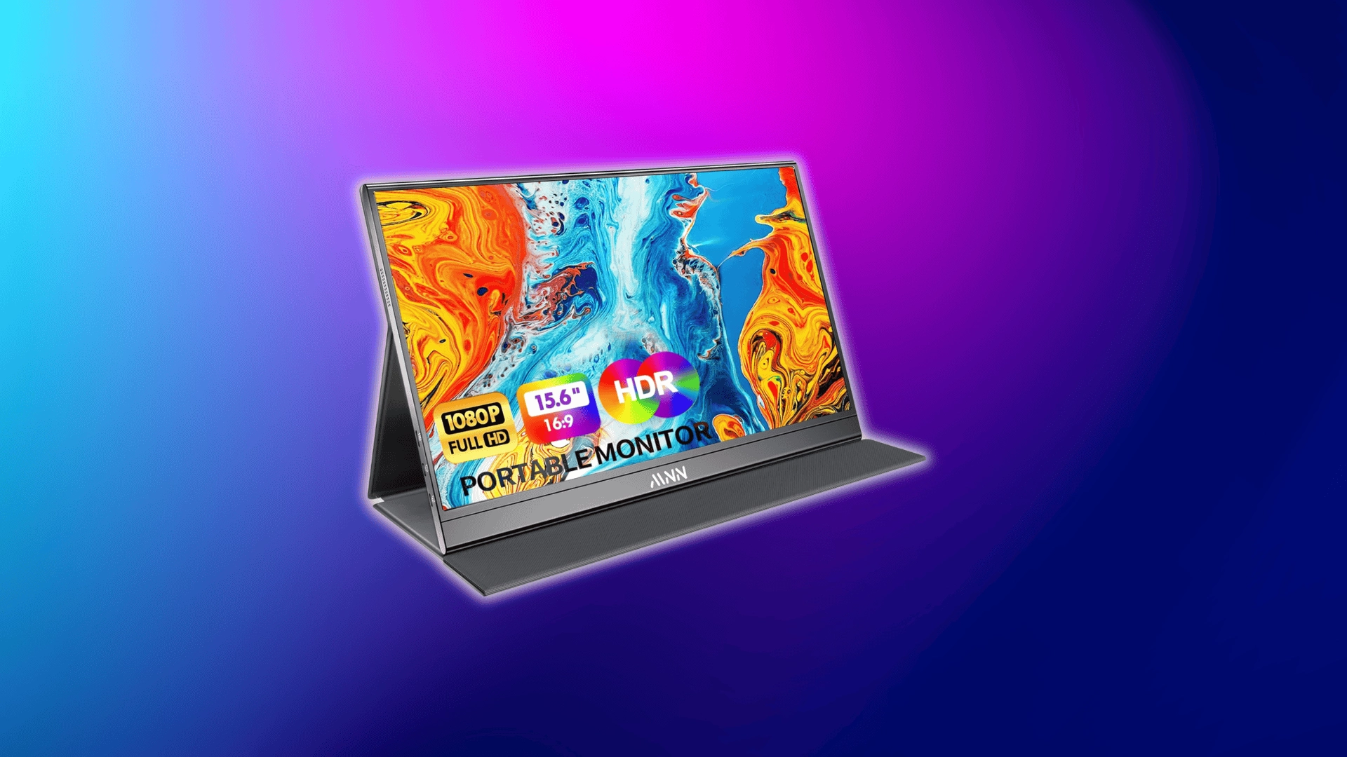 15.6-inch HDR Full HD portable monitor with abstract display and foldable stand on a purple-blue background