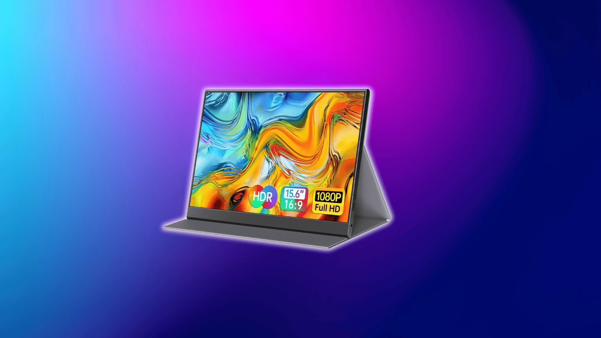 15.6-inch HDR Full HD portable monitor with colorful abstract display on a purple-blue background