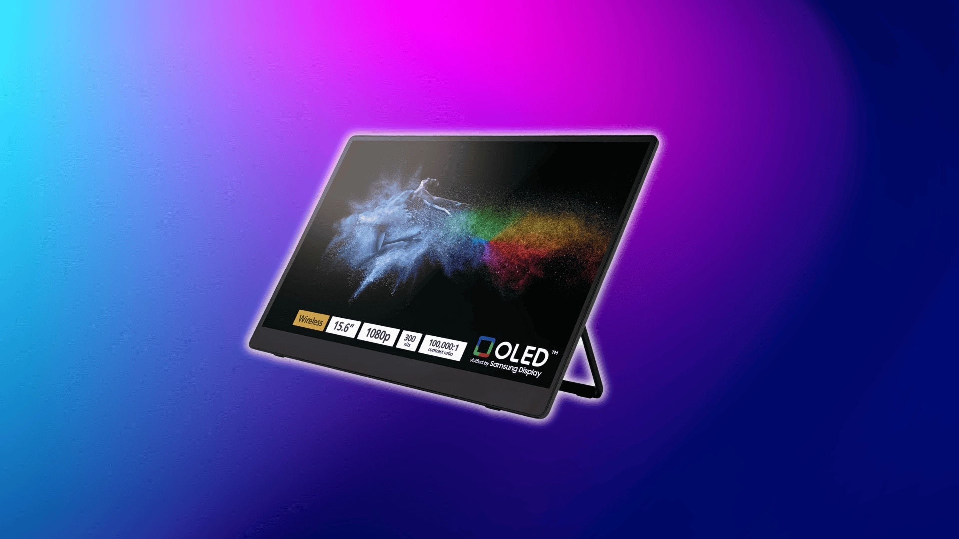 15.6-inch OLED portable monitor with colorful splash display and kickstand on a purple-blue background