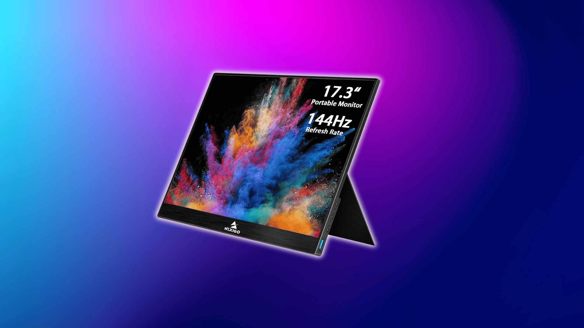 17.3-inch 144Hz portable monitor with colorful splash display and kickstand on a purple-blue background