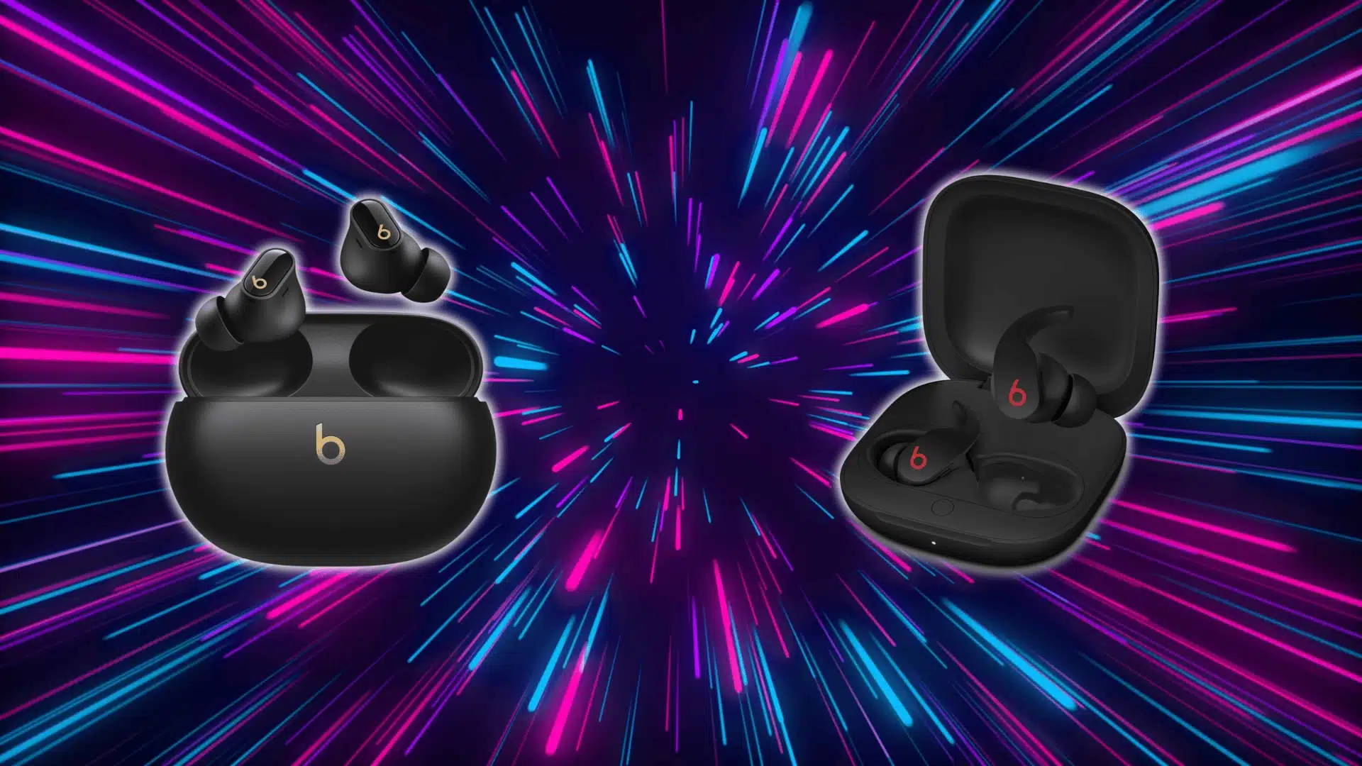 Beats Studio Buds Plus vs Beats Fit Pro black earbuds and cases on a neon burst background.